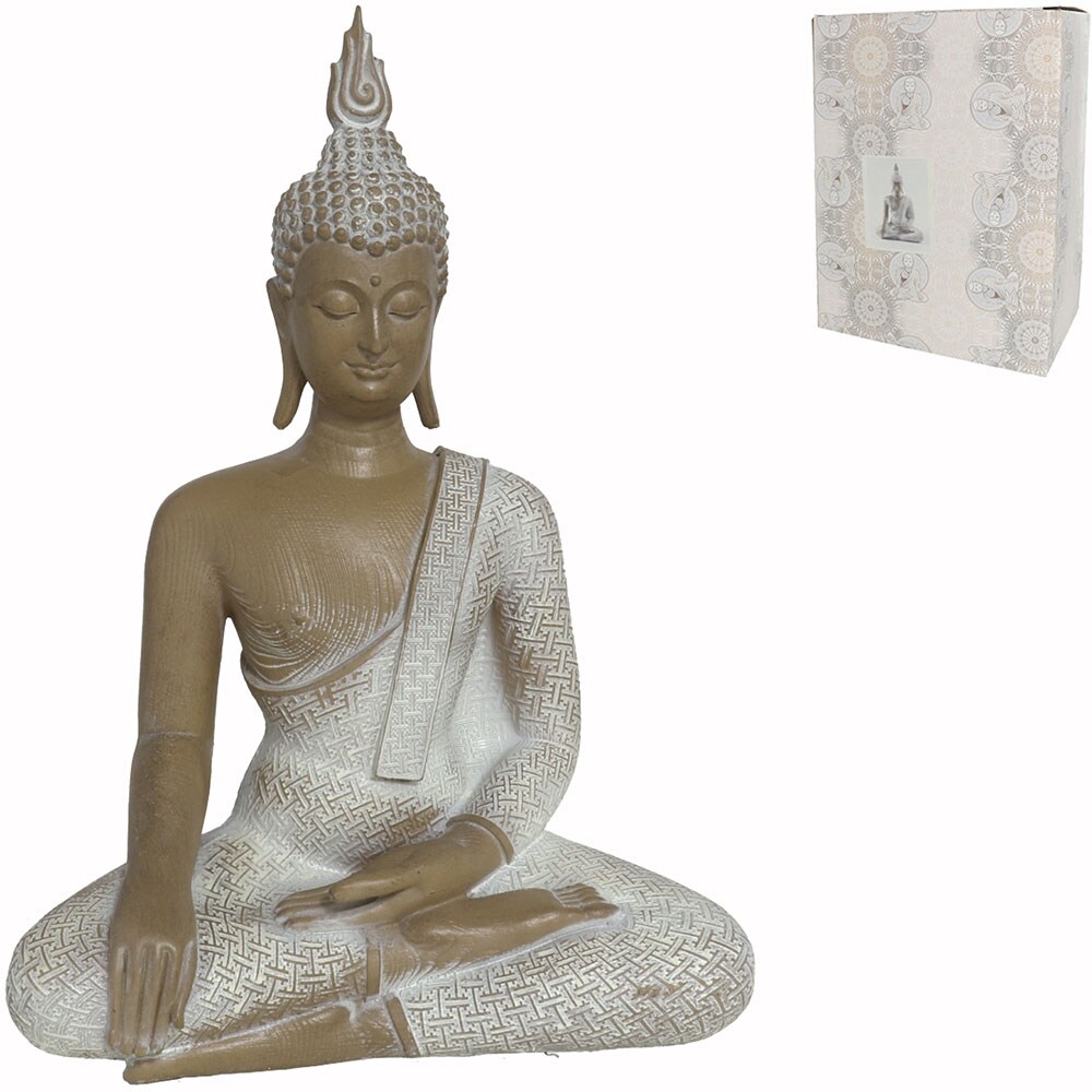 Statueta decorativa Buddha Sarani, rasina, 12 x 23 x 32 cm, alb