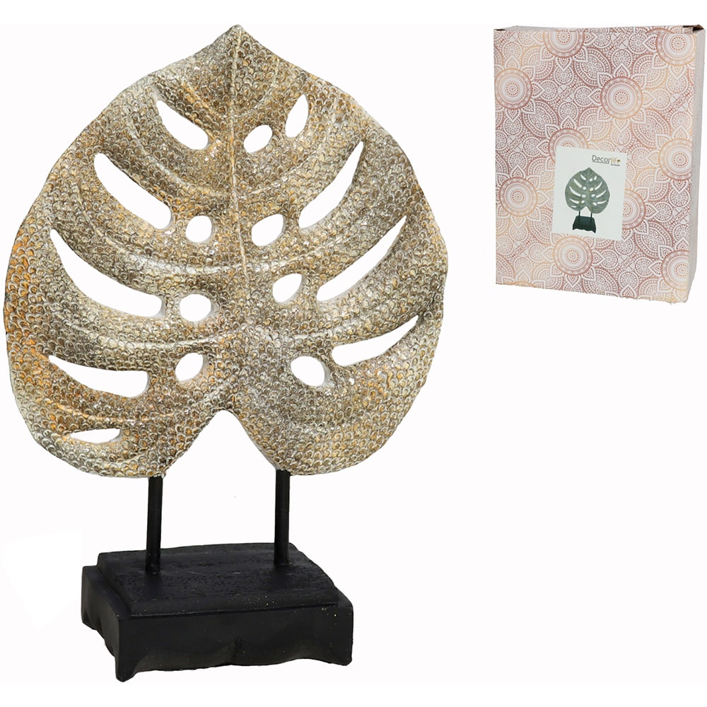 Statueta decorativa Frunza, rasina ABS, 8 x 19 x 27 cm, auriu