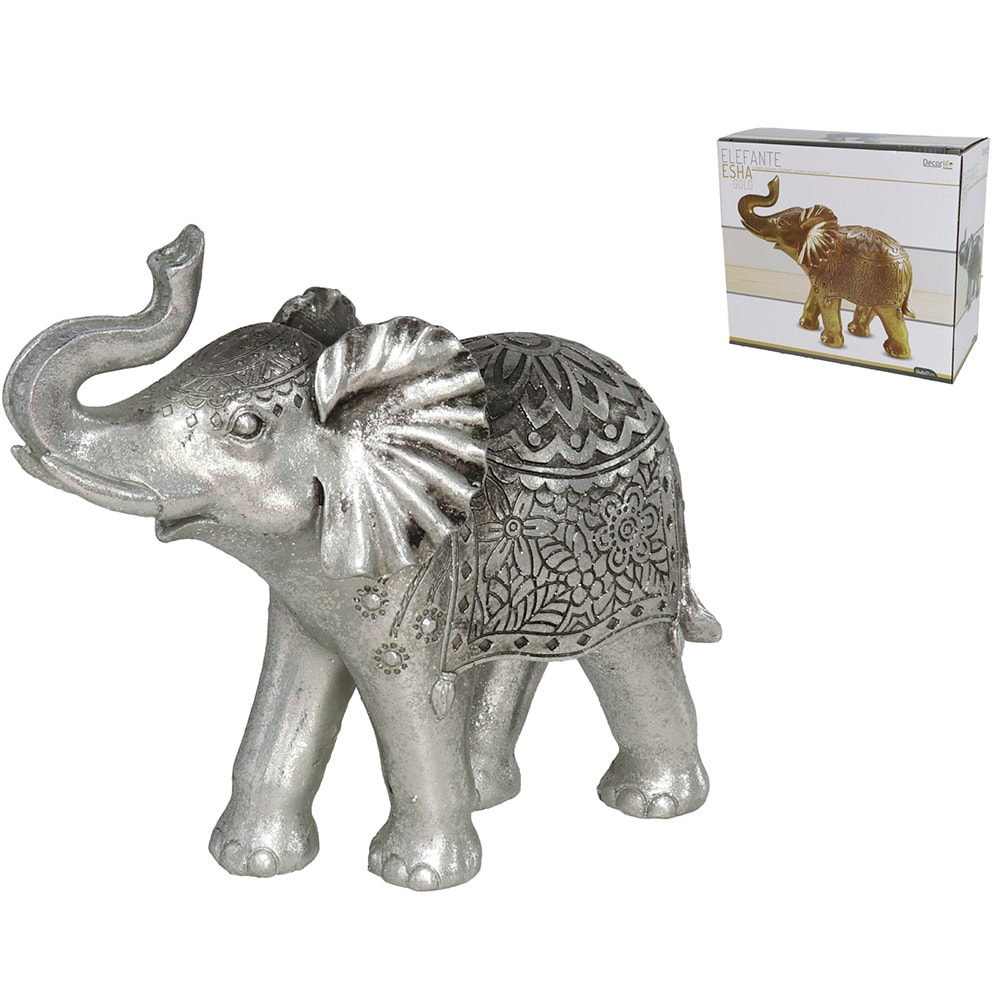 Statueta decorativa Elefant Esha, rasina ABS, 8 x 19 x 17 cm, argintiu