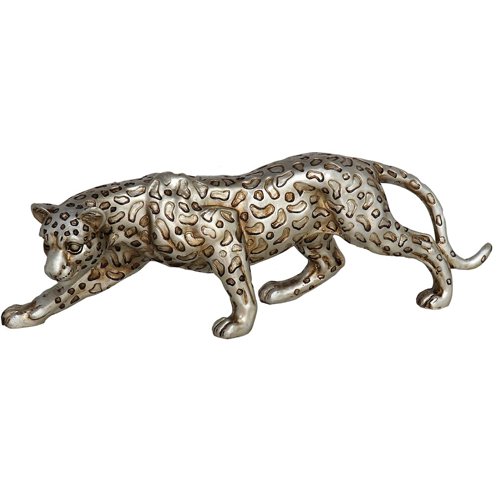 Statueta decorativa Leopard, rasina ABS, 7 x 30 x 10 cm, argintiu