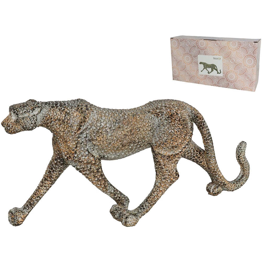 Statueta decorativa Leopard, rasina ABS, 7 x 32 x 15 cm, argintiu