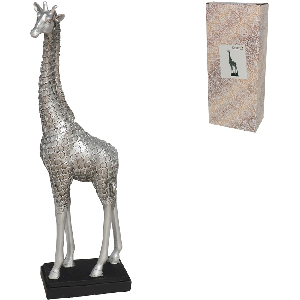 Statueta decorativa Girafa, rasina ABS, 6 x 13 x 35 cm, argintiu