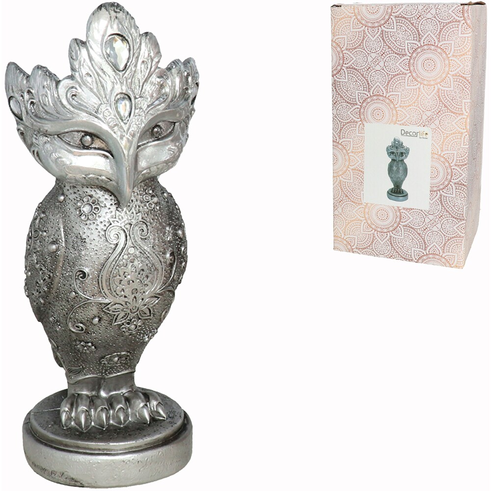 Statueta decorativa Bufnita, rasina ABS, 11 x 13 x 28 cm, argintiu