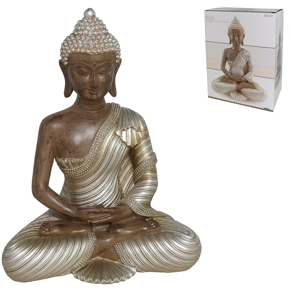 Statueta decorativa Buddha Indra, rasina ABS, 15 x 25 x 32 cm, argintiu