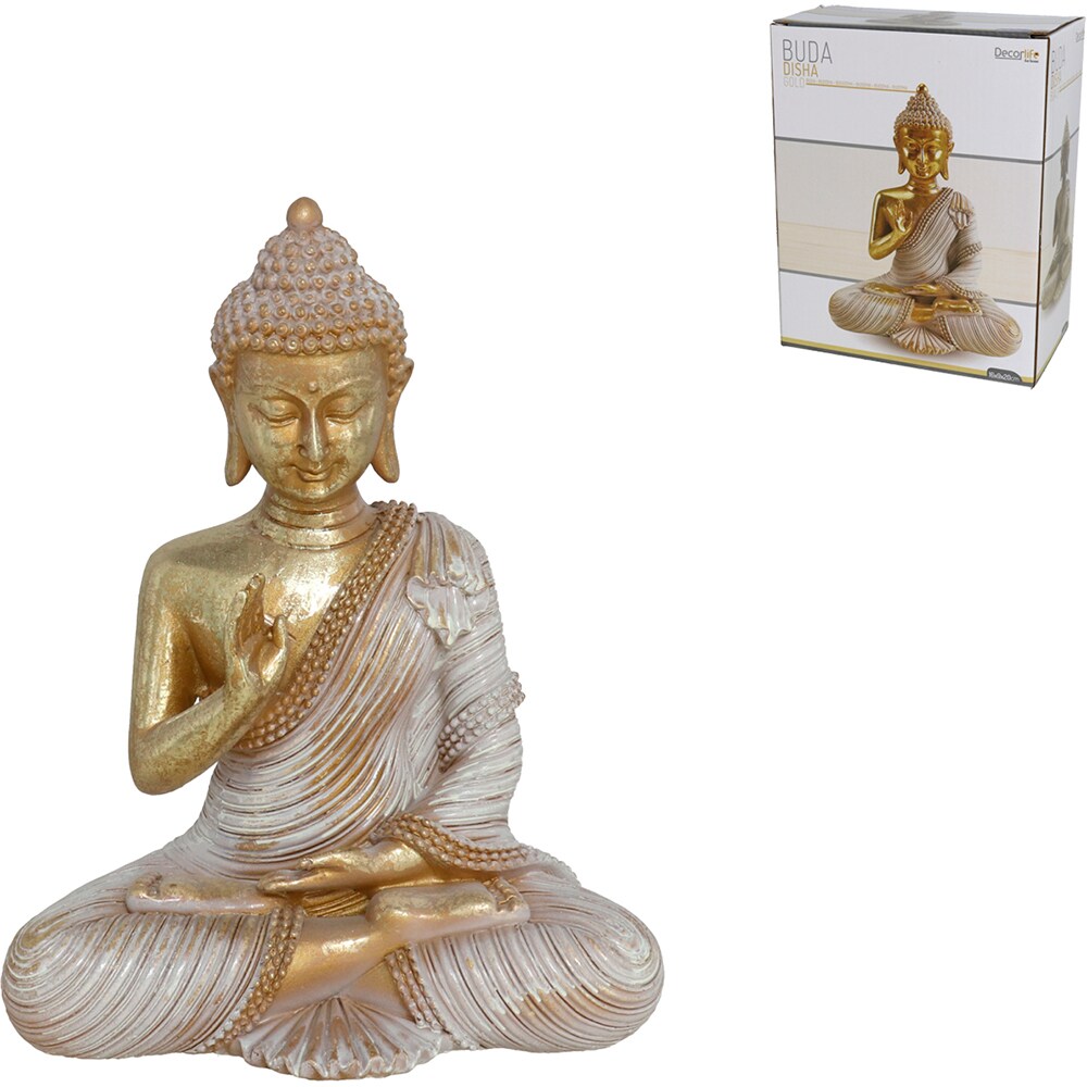 Statueta decorativa Buddha Disha, rasina ABS, 9 x 16 x 20 cm, auriu