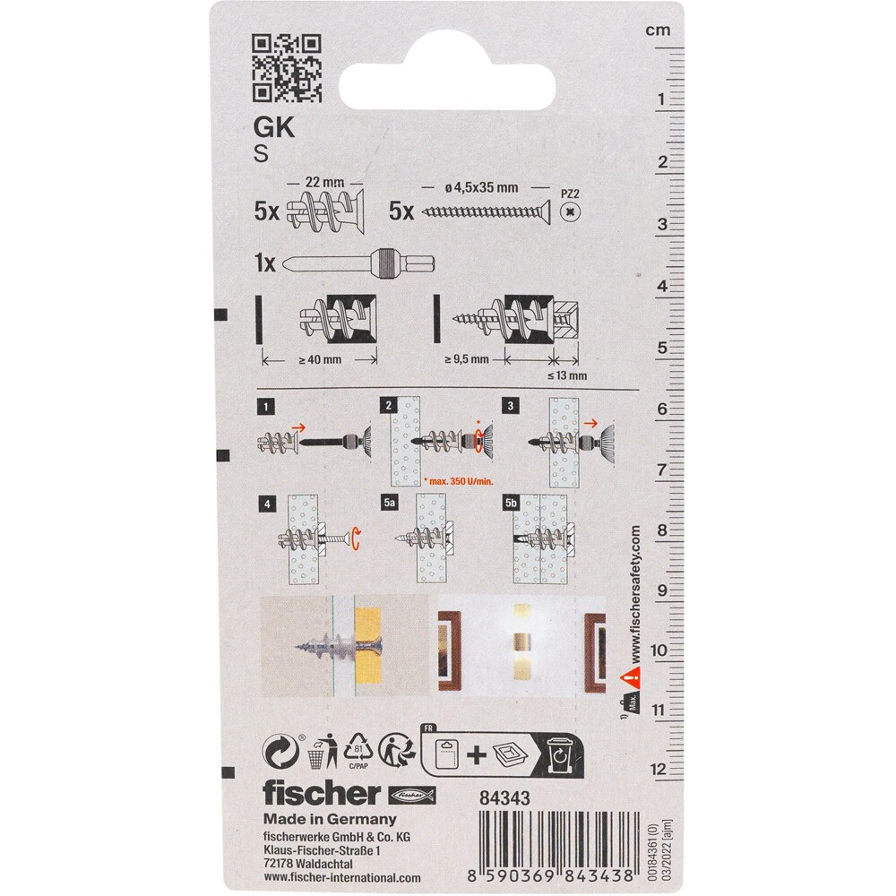 Surub cu diblu gips FISCHER GK, 12 x 22mm, 5buc