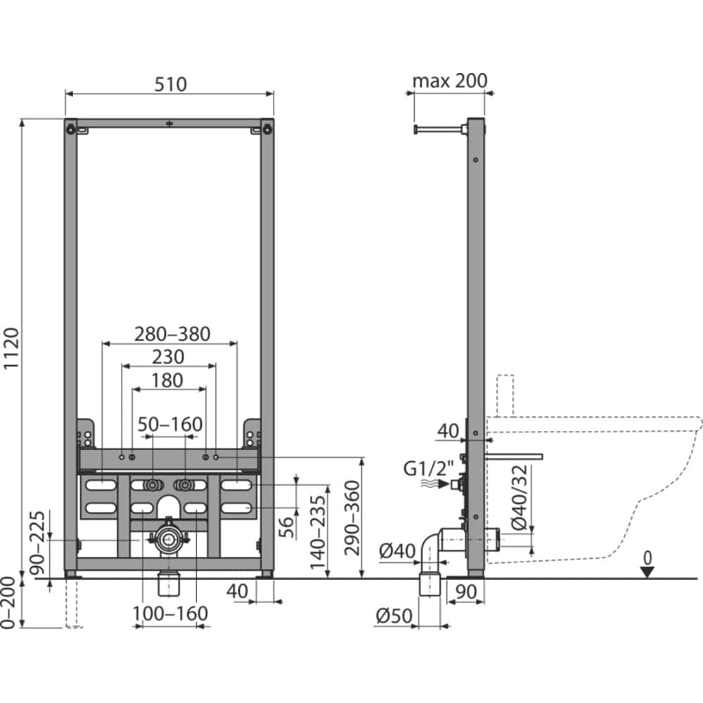 Cadru de montaj incastrat pentru bideu ALCA A105/1120, 112132 cm