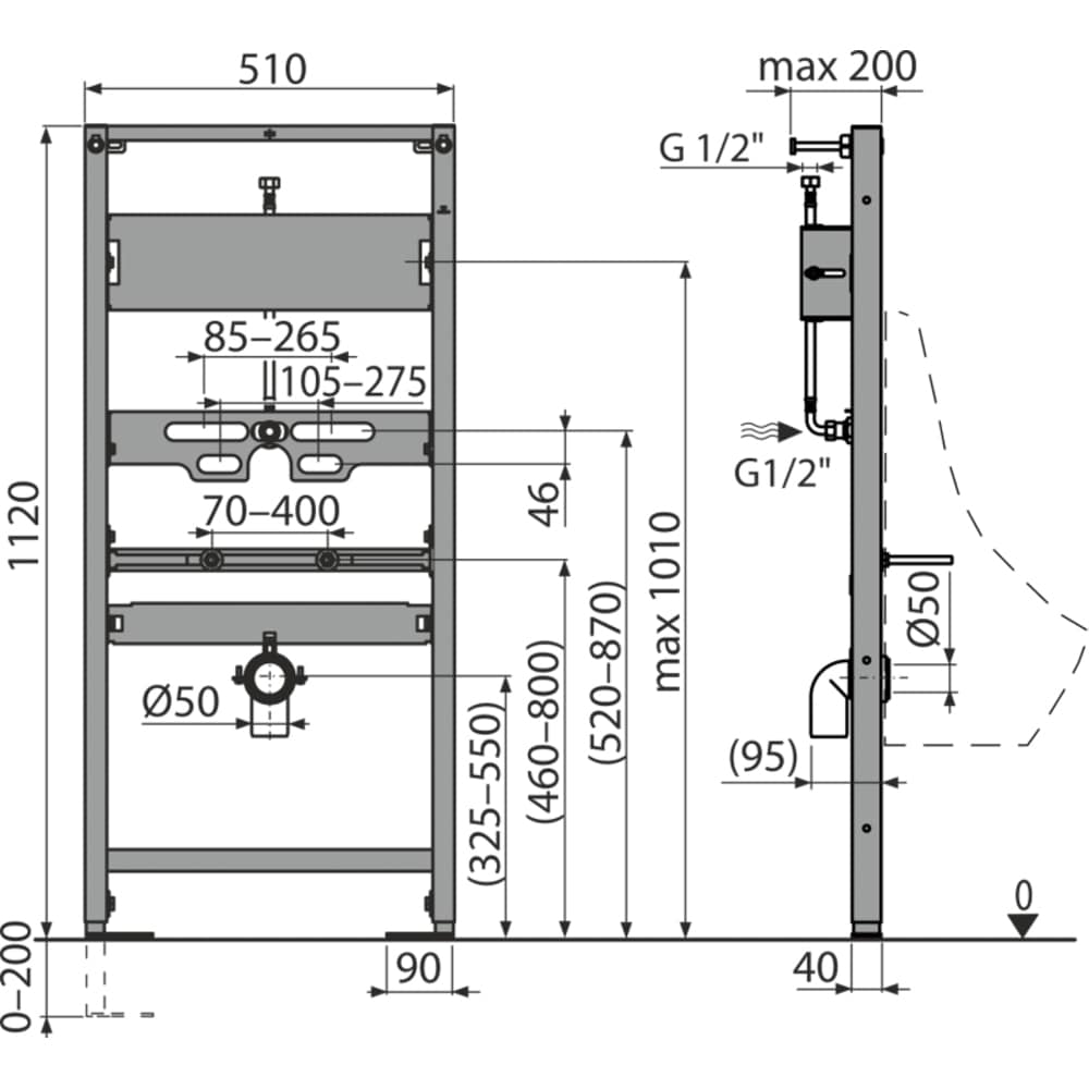 Cadru de montaj incastrat pentru pisoar ALCA A107S/1120, 112132 cm