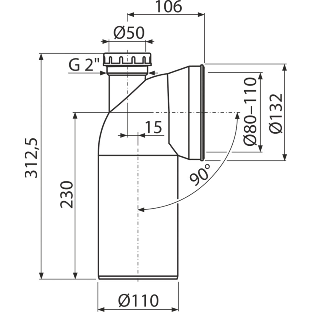 Racord WC ALCA A90-90P50A, polipropilena, 23 cm, alb