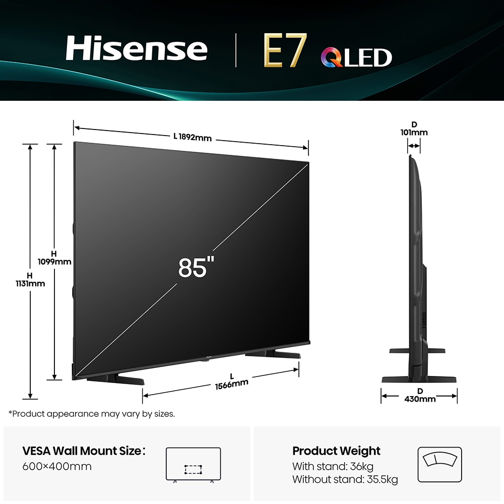 Televizor QLED Smart HISENSE 85E7Q, Ultra HD 4k, 215cm