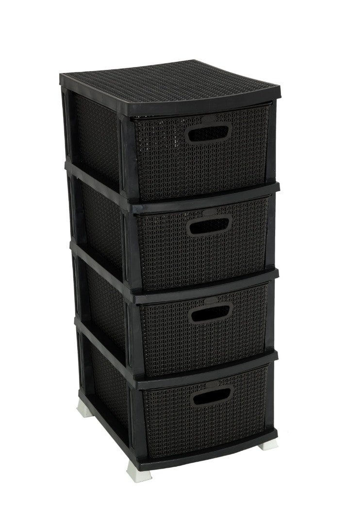 Dulap plastic, 4 sertare, impletit, negru, 46 x 37.5 x 91 cm