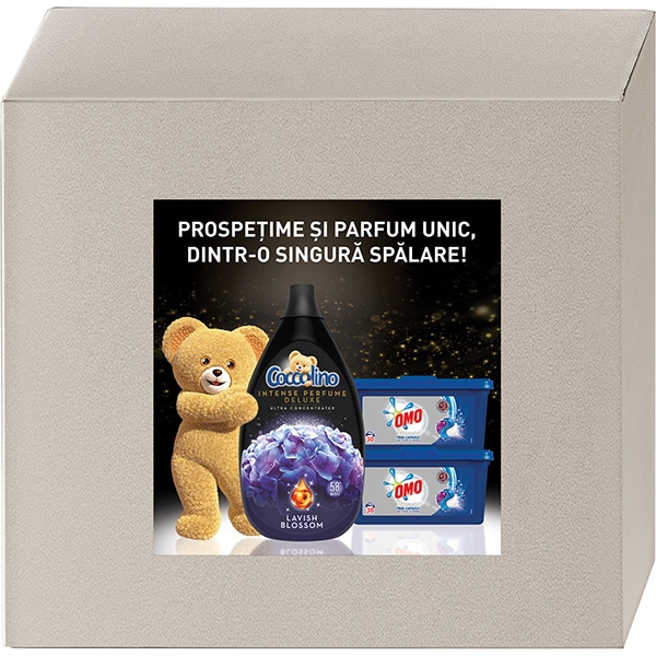 Pachet detergent OMO Trio Caps Active Clean, 60 capsule + Balsam COCCOLINO Intense Lavish Blossom, 58 spalari