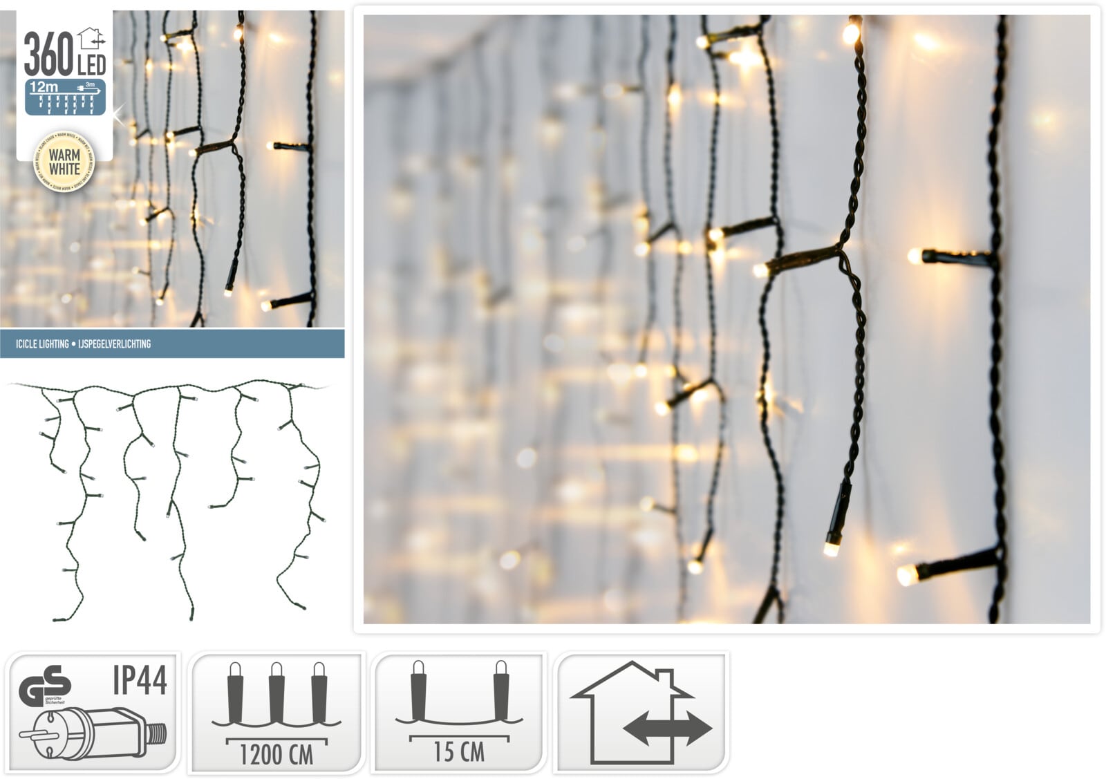 Perdea de lumini LED AX8401240, 360 leduri, 12m, iluminare alb cald