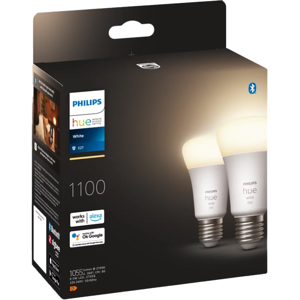 Set 2 becuri LED PHILIPS HUE, E27, 9.5W, 1055lm, Wi-Fi, lumina variabila, compatibil Alexa, Google Assistant