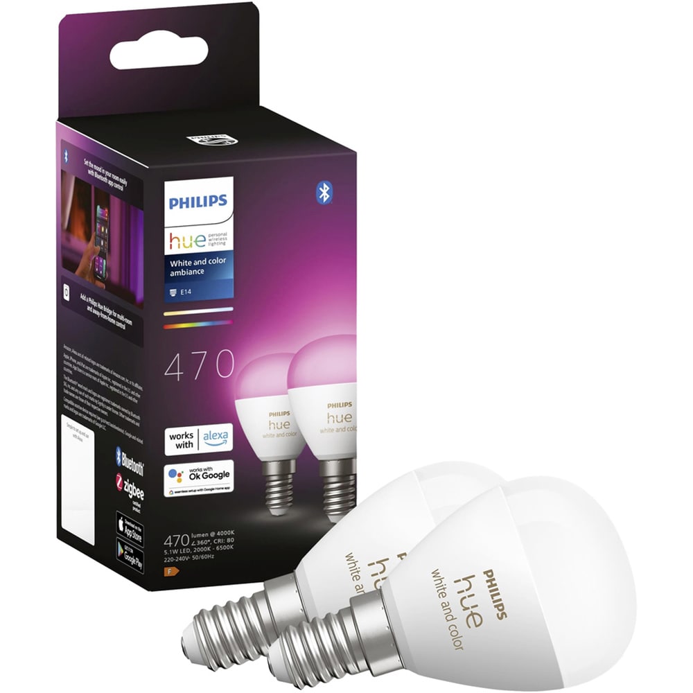 Set 2 becuri LED PHILIPS HUE, E14, 5.1W, 470lm, Wi-Fi, lumina variabila, compatibil Alexa, Google Assistant