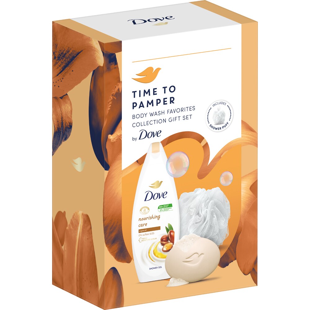 Set ingrijire corp DOVE : Gel de dus Nourishing Care, 250ml + Sapun Shea Butter, 90g + burete de baie