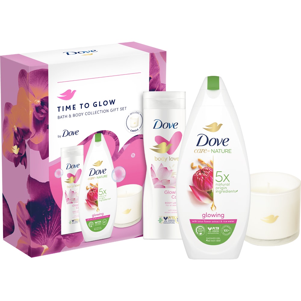 Set ingrijire corp DOVE Glowing: Gel de dus, 225ml + Lotiune de corp, 250ml + Lumanare parfumata