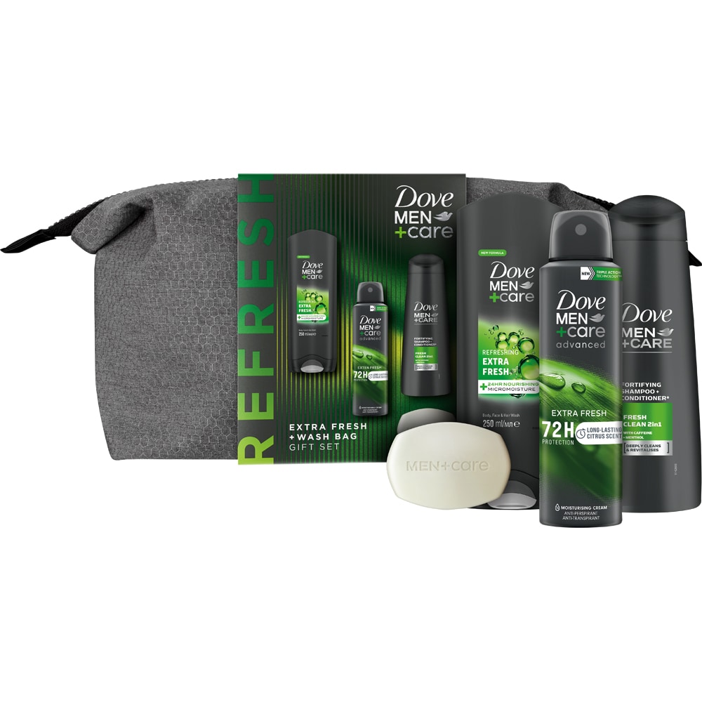 Set ingrijire corp DOVE Men+Care Extra Fresh: Gel de dus, 250ml + Deodorant spray, 150ml + Sampon, 250ml + Sapun, 90g