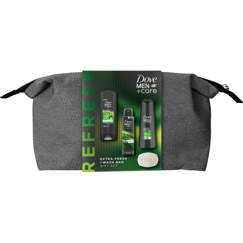 Set ingrijire corp DOVE Men+Care Extra Fresh: Gel de dus, 250ml + Deodorant spray, 150ml + Sampon, 250ml + Sapun, 90g
