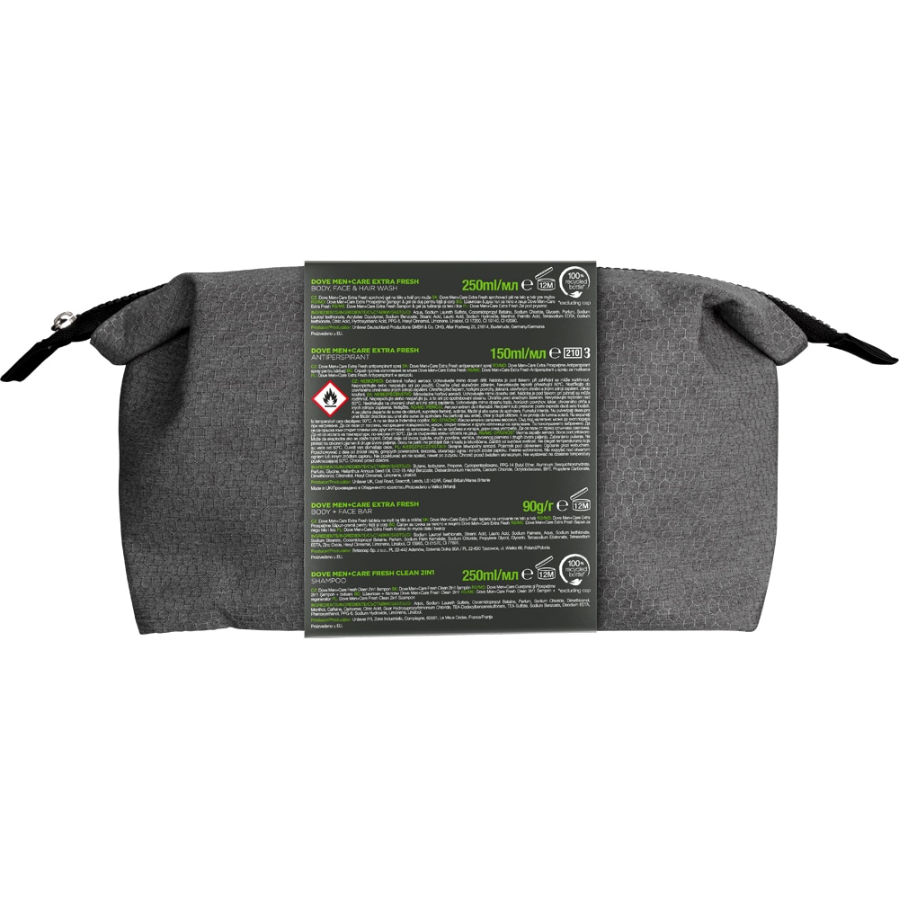 Set ingrijire corp DOVE Men+Care Extra Fresh: Gel de dus, 250ml + Deodorant spray, 150ml + Sampon, 250ml + Sapun, 90g