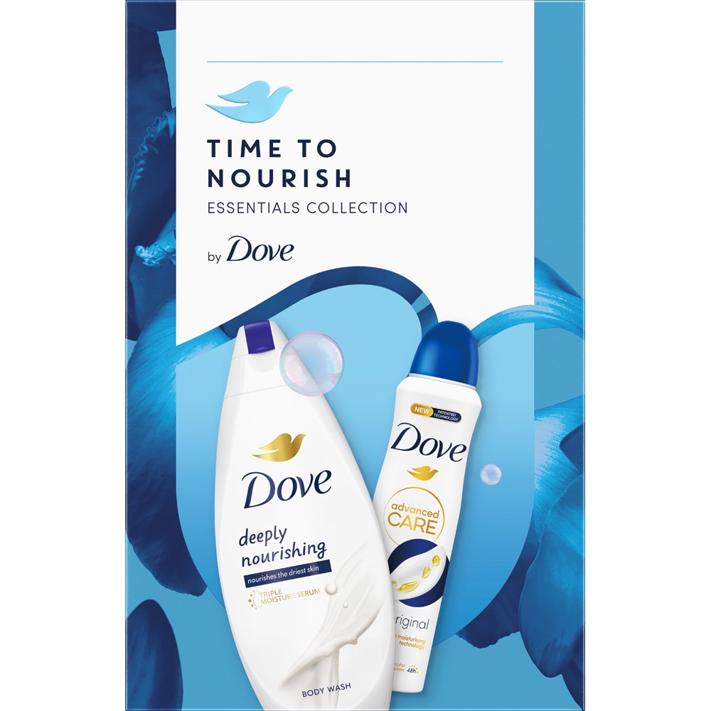 Set ingrijire corp DOVE: Gel de dus Deeply Nourishing, 250ml + Deodorant spray Original, 150ml