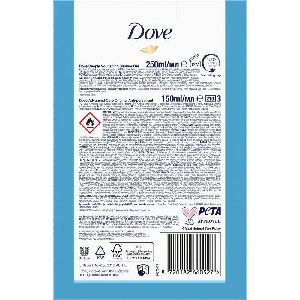 Set ingrijire corp DOVE: Gel de dus Deeply Nourishing, 250ml + Deodorant spray Original, 150ml