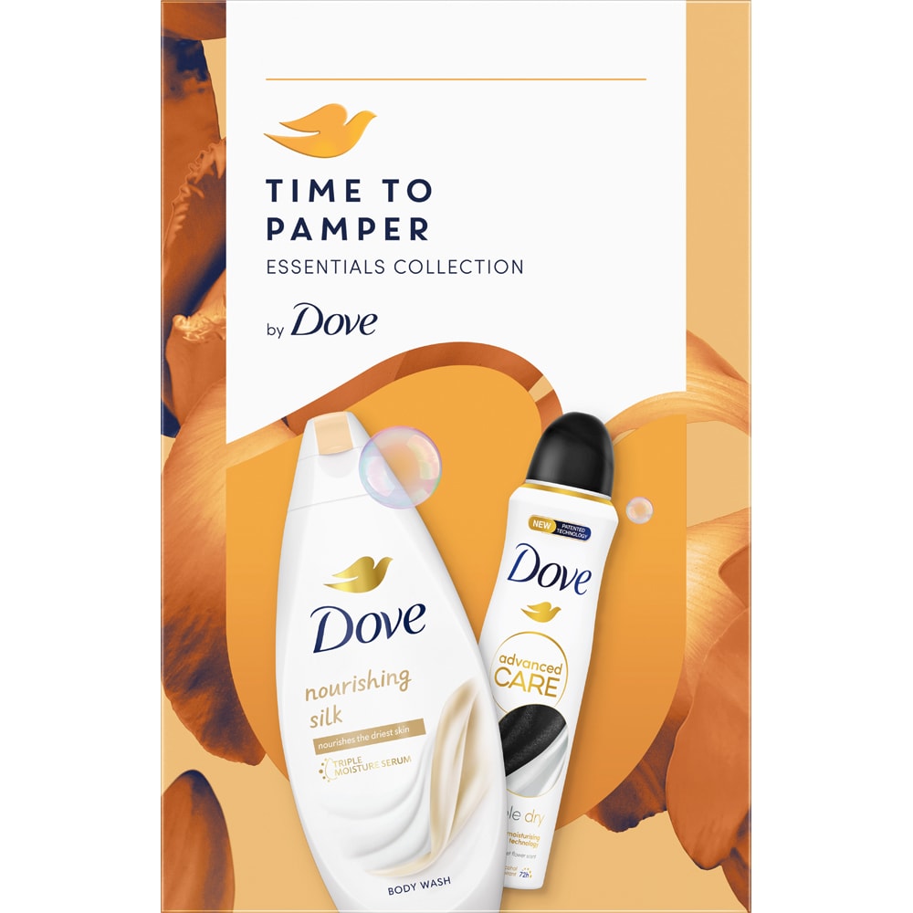 Set ingrijire corp DOVE: Gel de dus Nourishing Silk, 250ml + Deodorant spray Invisible Dry, 150ml