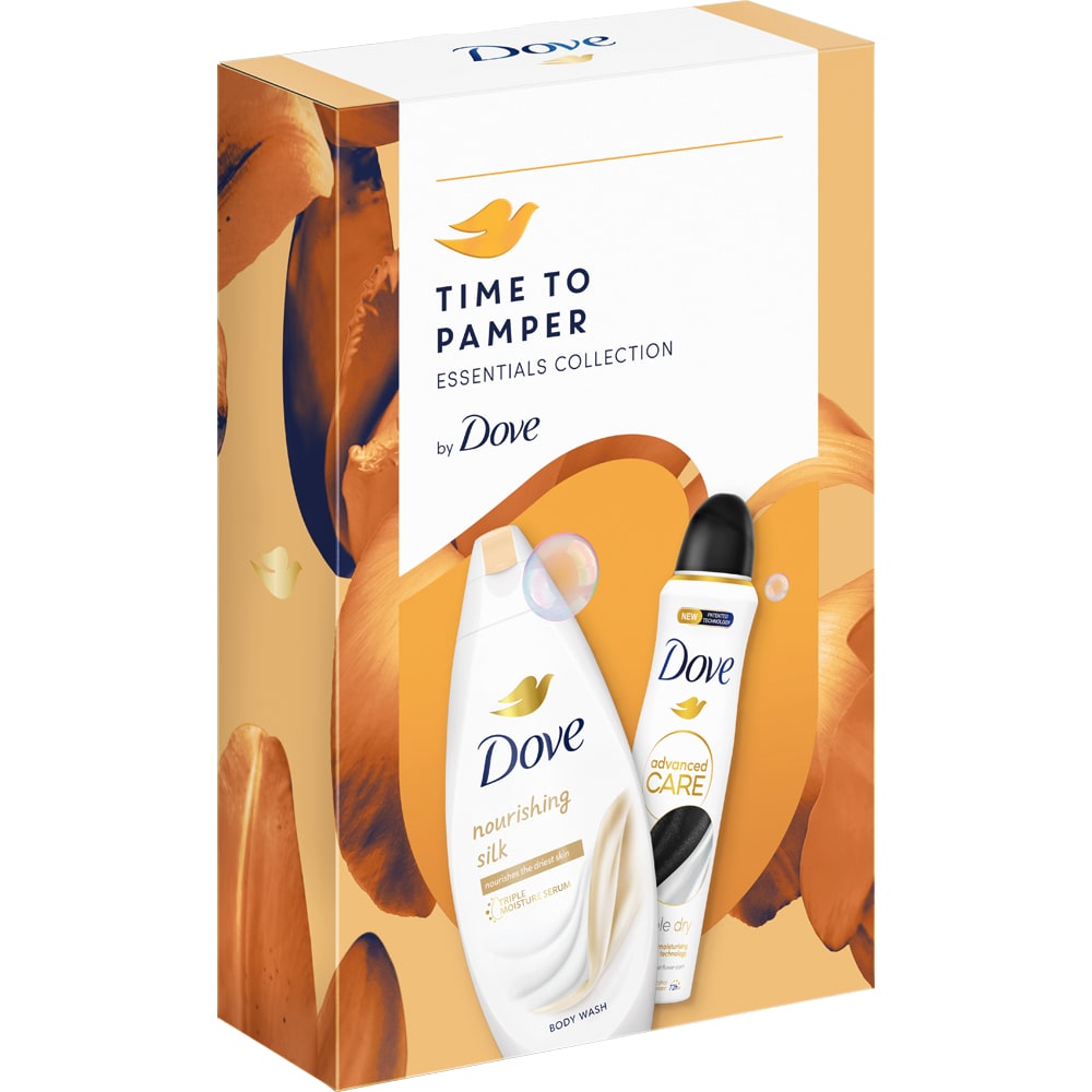 Set ingrijire corp DOVE: Gel de dus Nourishing Silk, 250ml + Deodorant spray Invisible Dry, 150ml