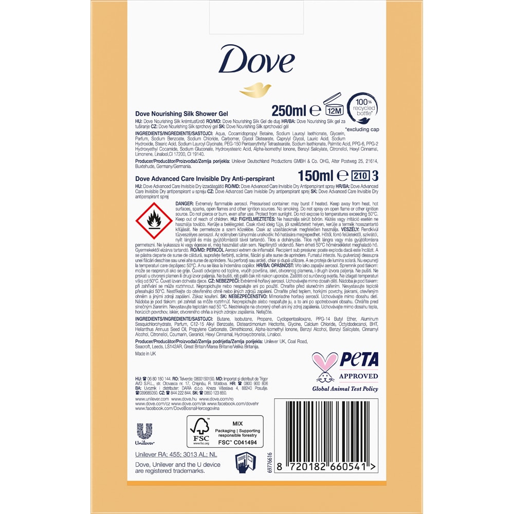Set ingrijire corp DOVE: Gel de dus Nourishing Silk, 250ml + Deodorant spray Invisible Dry, 150ml
