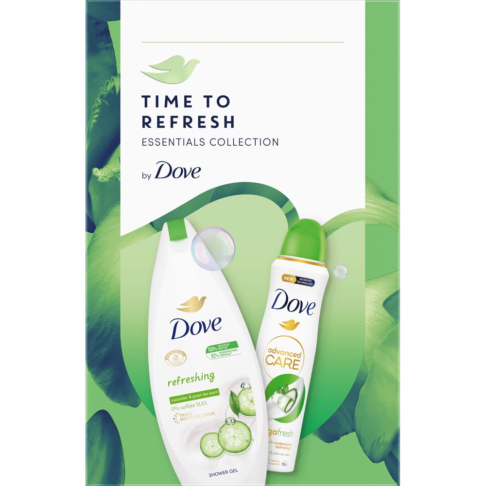 Set ingrijire corp DOVE Refreshing: Gel de dus, 250ml + Deodorant spray Cucumber & Green Tea, 150ml