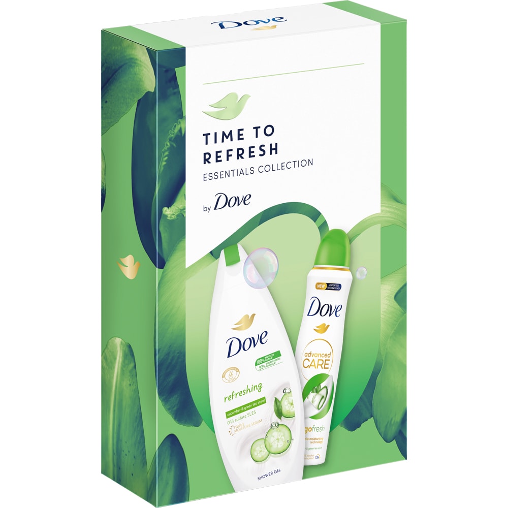 Set ingrijire corp DOVE Refreshing: Gel de dus, 250ml + Deodorant spray Cucumber & Green Tea, 150ml