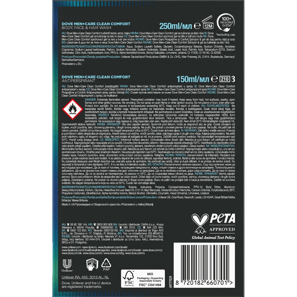 Set ingrijire corp DOVE Men+Care Clean Comfort: Gel de dus, 250ml + Deodorant spray, 150ml