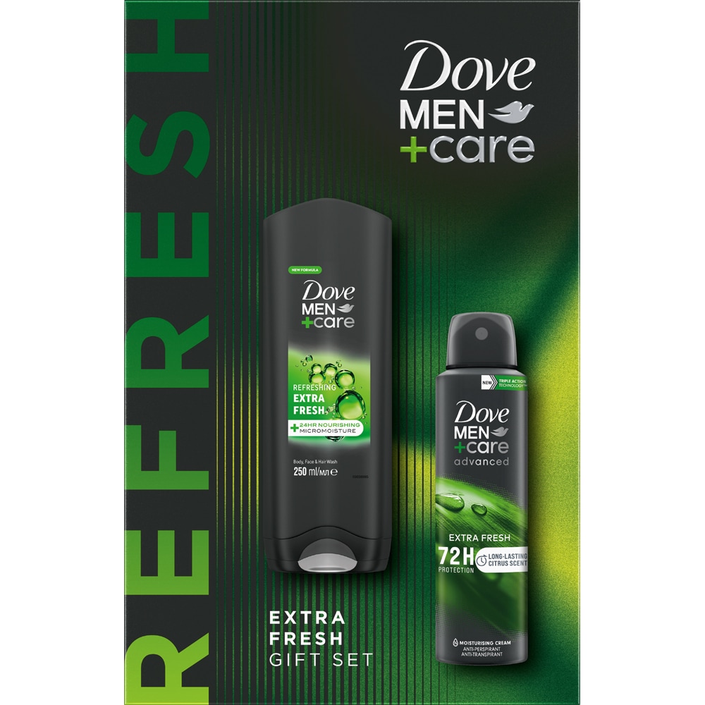 Set ingrijire corp DOVE Men+Care Extra Fresh: Gel de dus, 250ml + Deodorant spray, 150ml