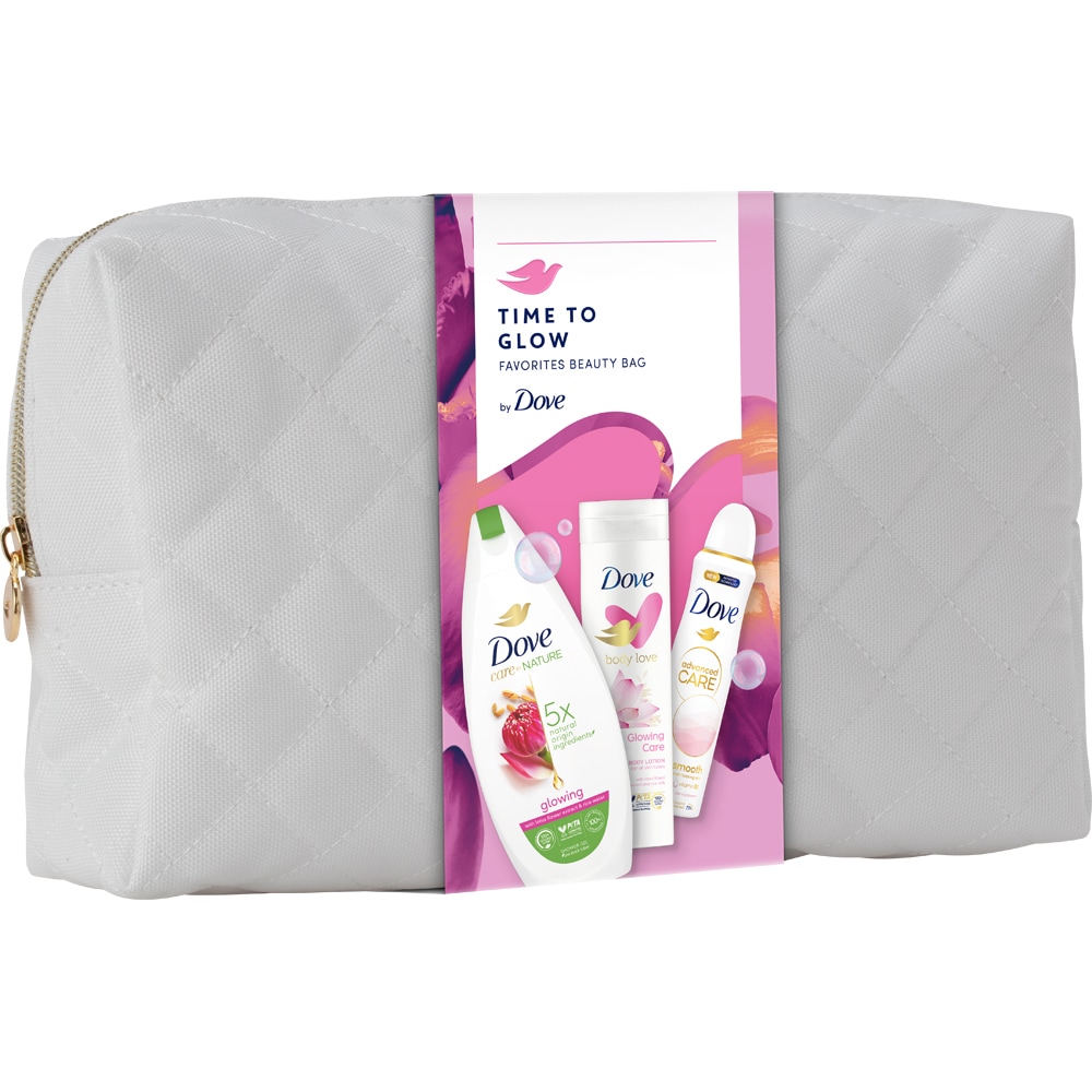 Set ingrijire corp DOVE Glowing: Gel de dus, 225ml + Deodorant spray Calming Blossom, 150ml + Lotiune de corp, 250ml