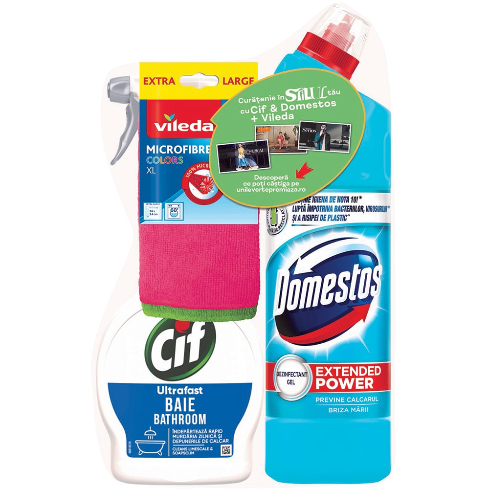 Pachet: Dezinfectant gel DOMESTOS, Briza marii, 750 ml + Spray suprafete baie CIF, 500 ml + Laveta microfibra VILEDA Colors