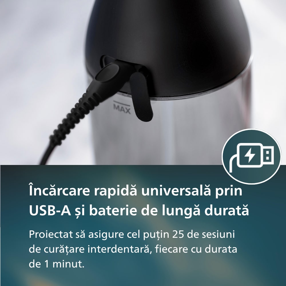 Irigator bucal PHILIPS Sonicare Cordless Power Flosser 3000 HX3826/33, 2 capete, negru