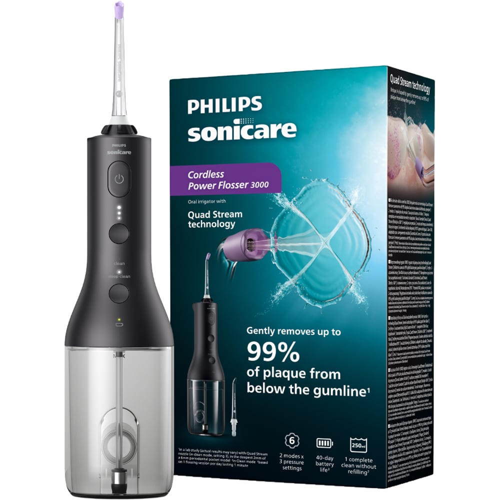Irigator bucal PHILIPS Sonicare Cordless Power Flosser 3000 HX3826/33, 2 capete, negru