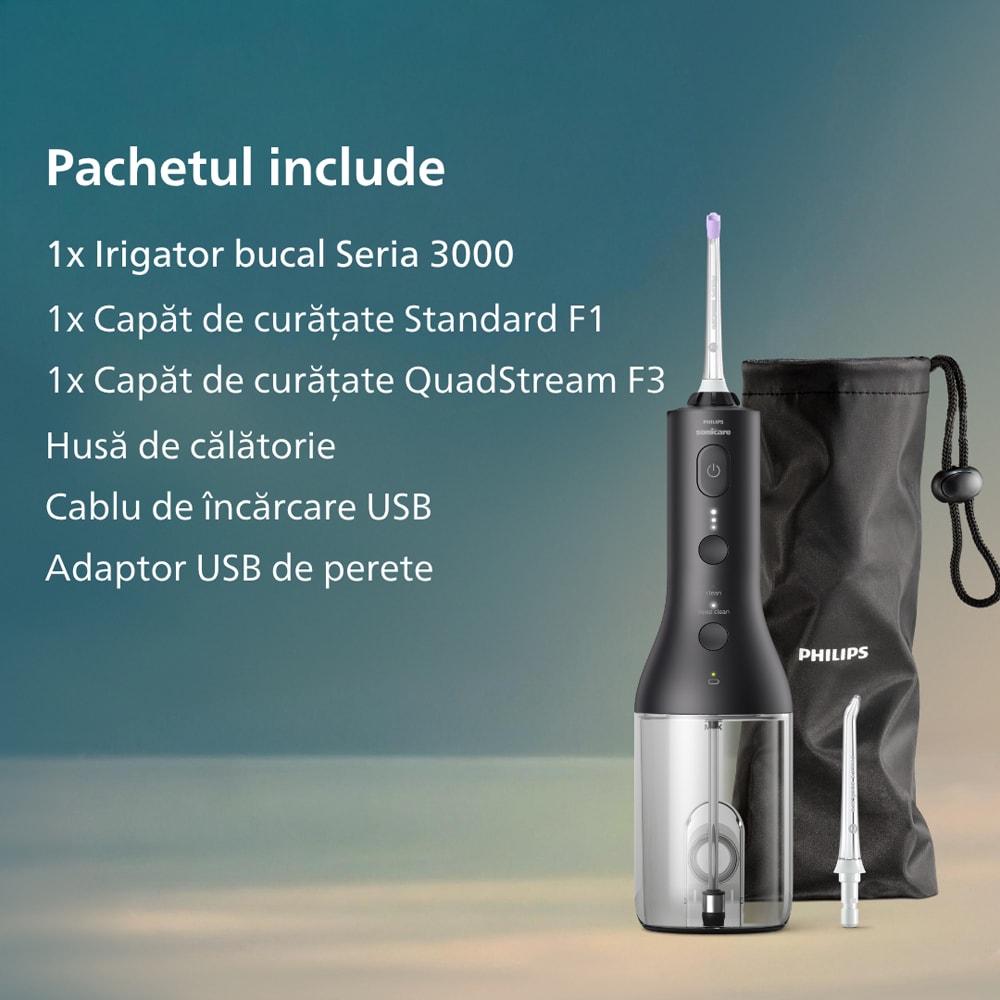Irigator bucal PHILIPS Sonicare Cordless Power Flosser 3000 HX3826/33, 2 capete, negru