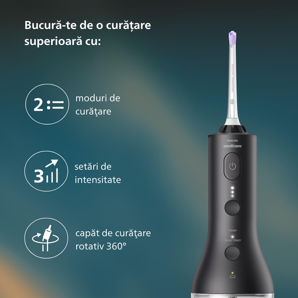 Irigator bucal PHILIPS Sonicare Cordless Power Flosser 3000 HX3826/33, 2 capete, negru