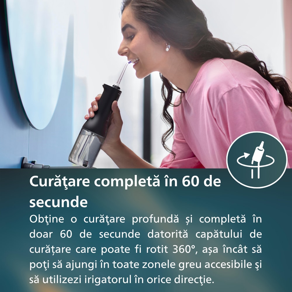Irigator bucal PHILIPS Sonicare Cordless Power Flosser 3000 HX3826/33, 2 capete, negru