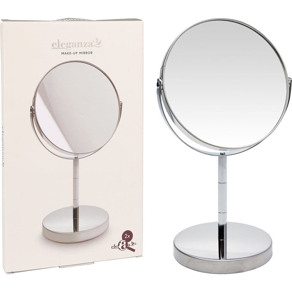 Oglinda cosmetica Eleganza, diametru 14 cm, suport metalic, 2 fete
