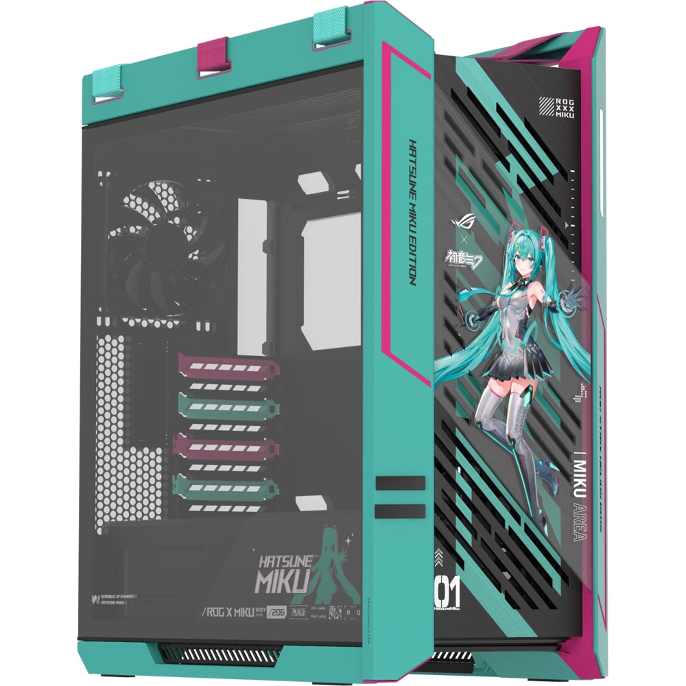 Carcasa PC ASUS ROG Strix Helios II Hatsune Miku Edition, USB 3.2 Gen 2 Type C, fara sursa, turcoaz