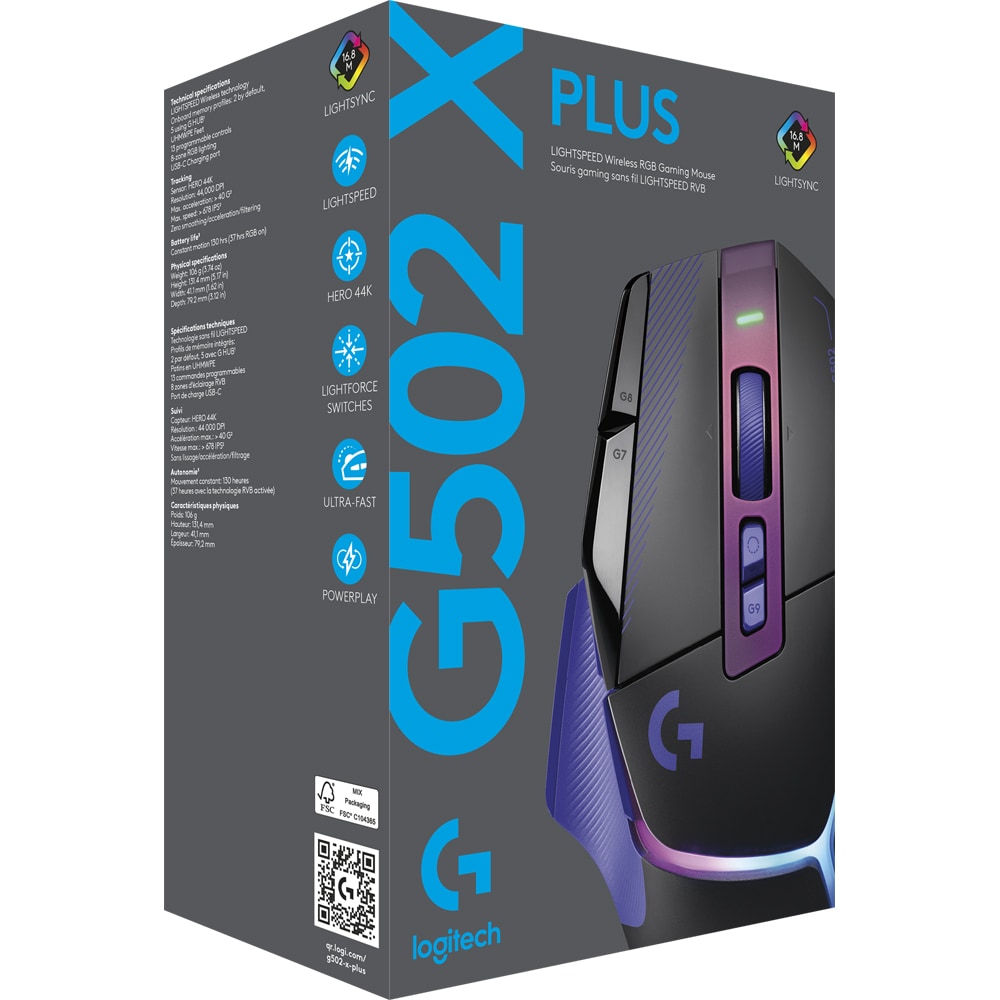 Mouse Gaming Wireless LOGITECH G502 X Plus, 25.600 dpi, mov-negru
