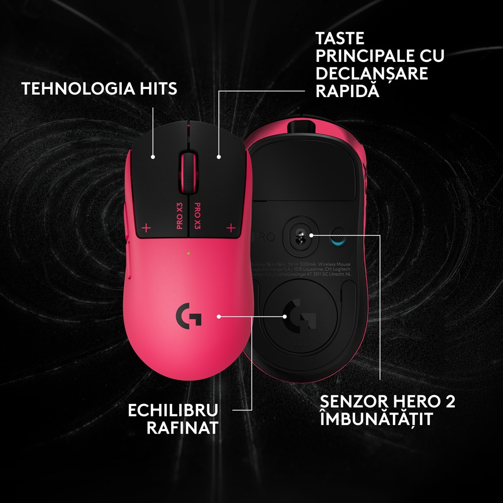Mouse Gaming Wireless LOGITECH G Pro X3 Superstrike 910-007827, 44.000 dpi, roz