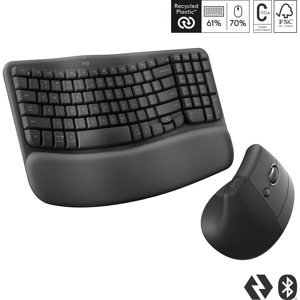 Kit tastatura si mouse Wireless LOGITECH Wave Keys and Lift Combo, USB, Layout US, negru