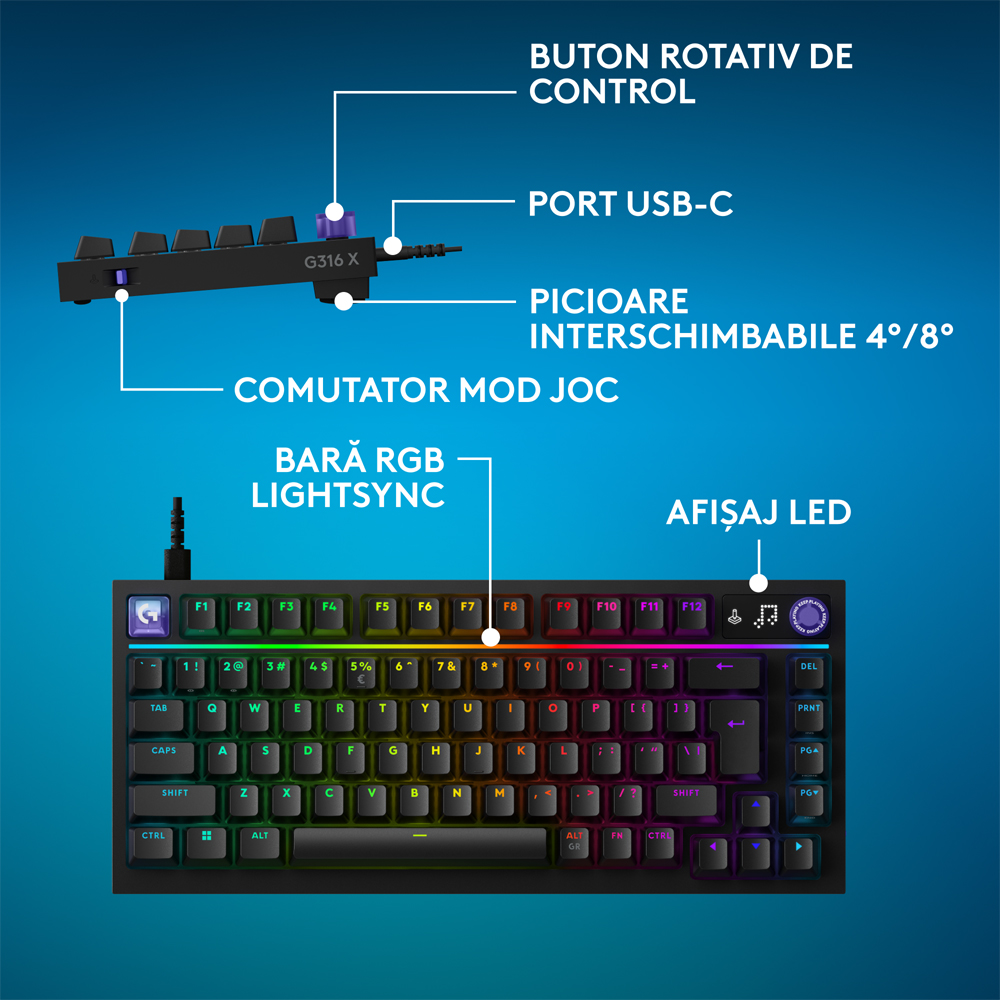 Tastatura Gaming mecanica LOGITECH G316 X 75, USB, Layout US, negru