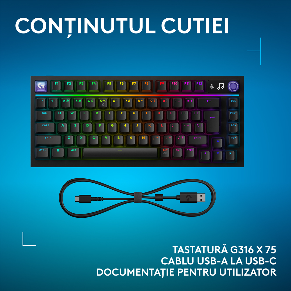 Tastatura Gaming mecanica LOGITECH G316 X 75, USB, Layout US, negru