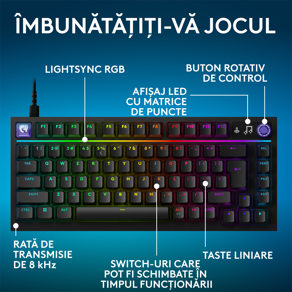 Tastatura Gaming mecanica LOGITECH G316 X 75, USB, Layout US, negru