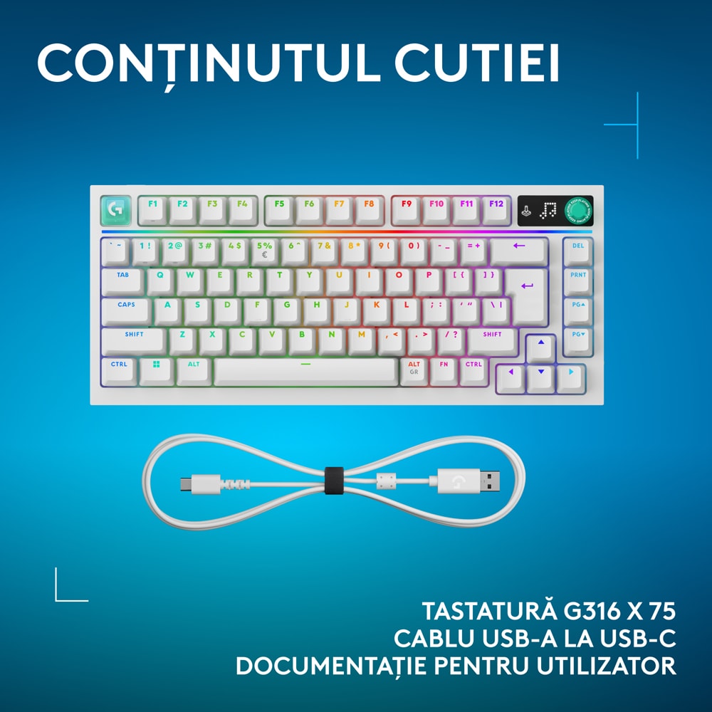 Tastatura Gaming mecanica LOGITECH G316 X 75, USB, alb