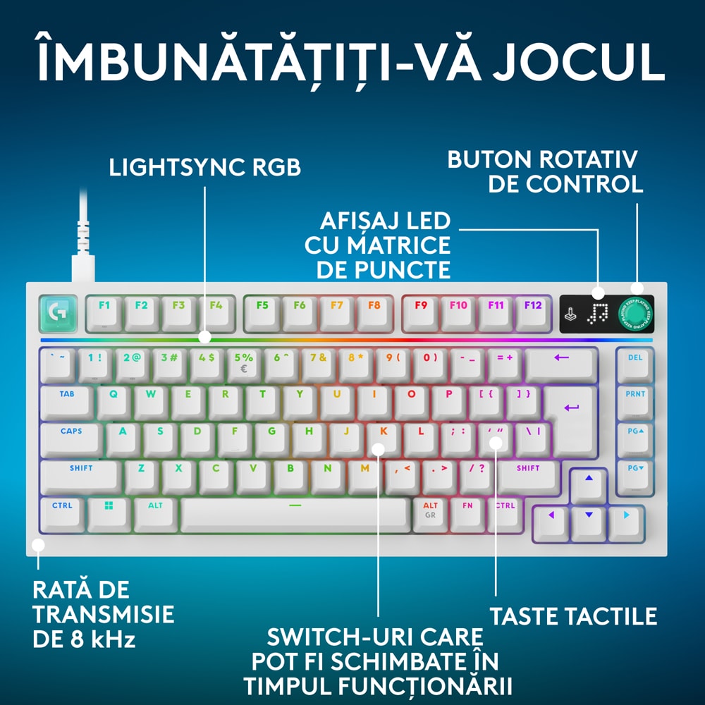 Tastatura Gaming mecanica LOGITECH G316 X 75, USB, alb